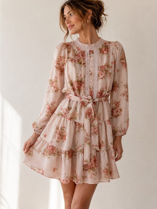 Blu Pepper Dresses & Skirts - Blu Pepper Blush Floral Lace-Trim Long Sleeve Tiered Mini Dress